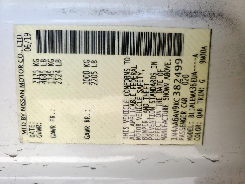 1N4AA6AV9KC382499 - 2019 NISSAN MAXIMA S WHITE photo 13