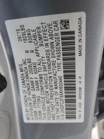 2HGFC2F8XKH600440 - 2019 HONDA CIVIC SPORT 银色 照片 12