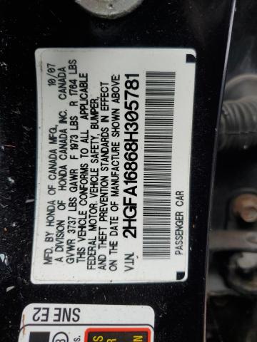 2HGFA16868H305781 - 2008 HONDA CIVIC EX BLACK photo 12