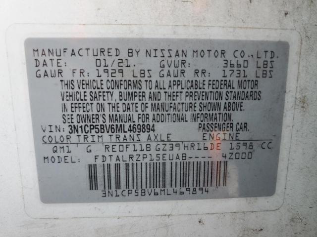 3N1CP5BV6ML469894 - 2021 NISSAN KICKS S WHITE photo 12