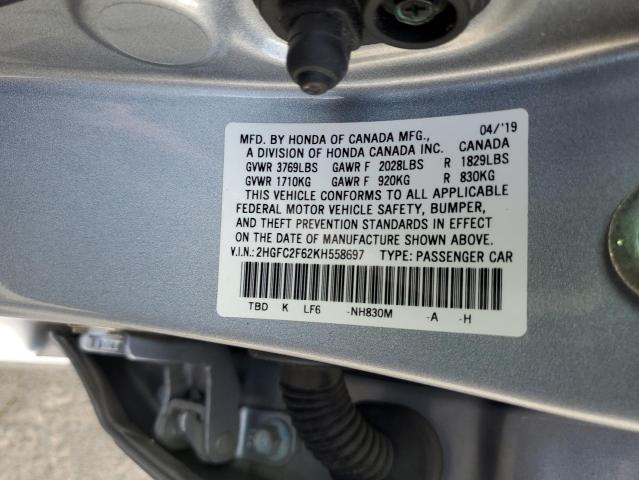 2HGFC2F62KH558697 - 2019 HONDA CIVIC LX فضي صورة 12