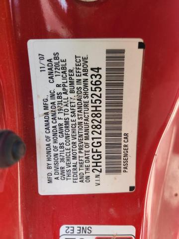 2HGFG12828H525634 - 2008 HONDA CIVIC EX RED photo 12