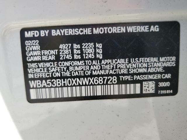 WBA53BH0XNWX68728 - 2022 BMW 530 I WHITE photo 12