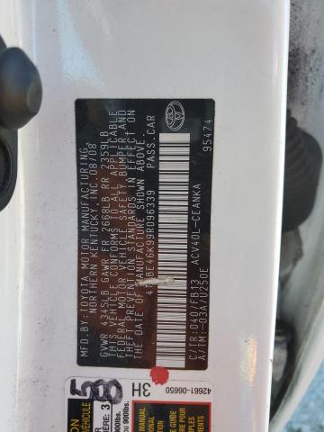 4T4BE46K99R096339 - 2009 TOYOTA CAMRY BASE WHITE photo 12