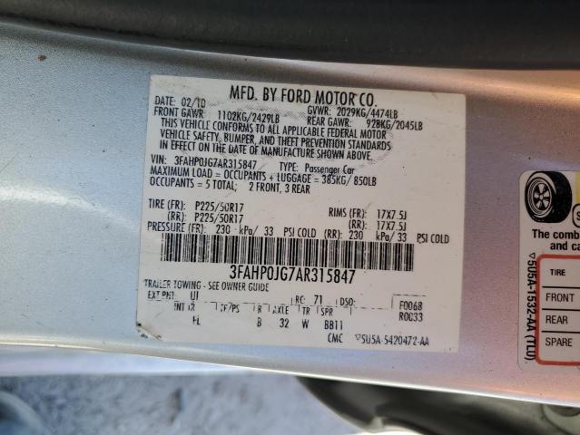 3FAHP0JG7AR315847 - 2010 FORD FUSION SEL SILVER photo 12