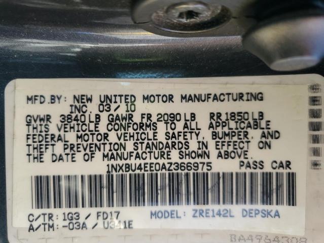 1NXBU4EE0AZ366975 - 2010 TOYOTA COROLLA BASE رمادي صورة 12