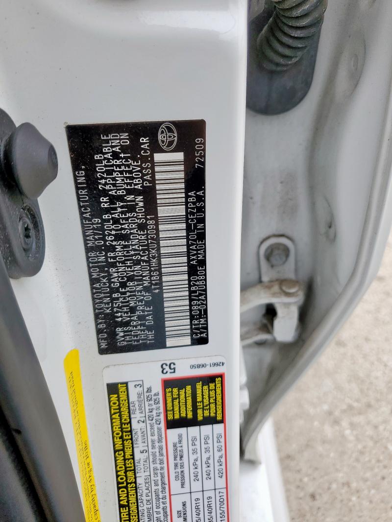 4T1B61HK3KU730981 - 2019 TOYOTA CAMRY XSE Biały zdjęcie 12