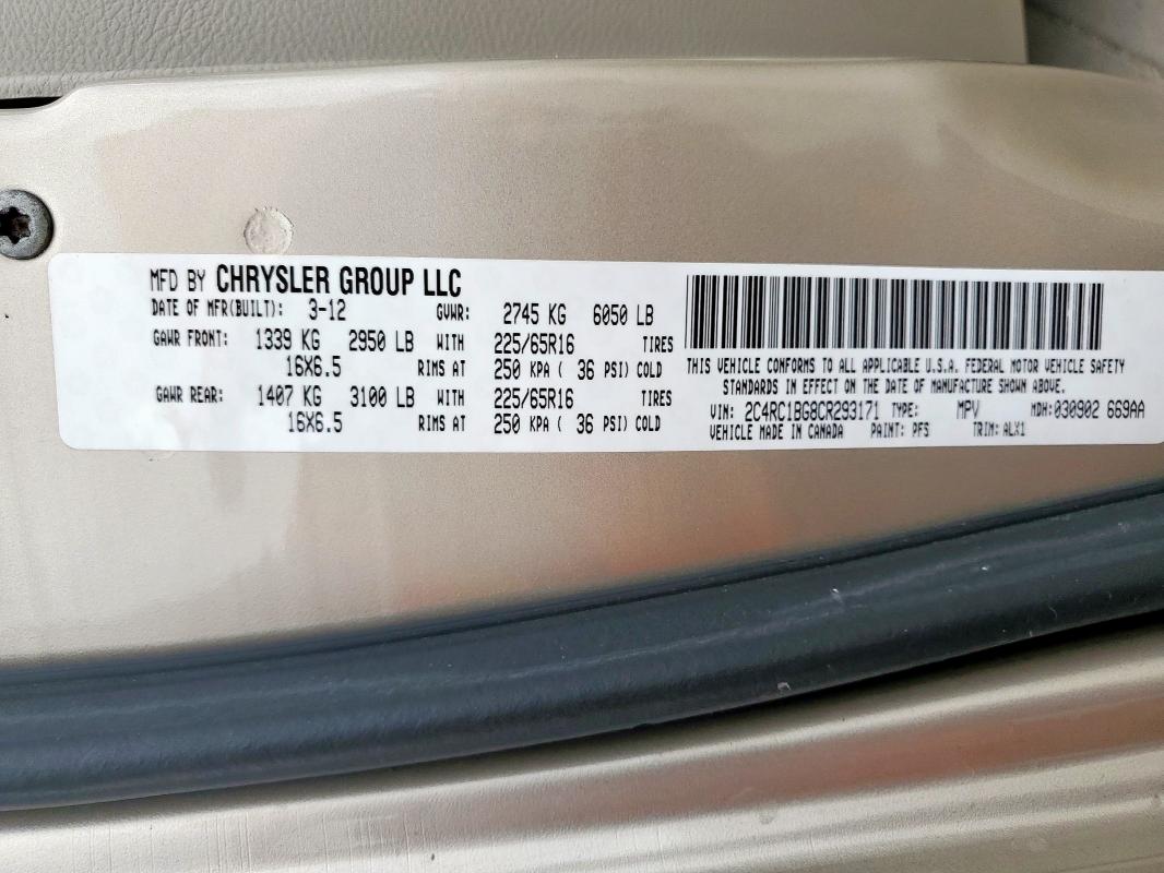 2C4RC1BG8CR293171 - 2012 CHRYSLER TOWN & COU TOURING 米色 照片 13