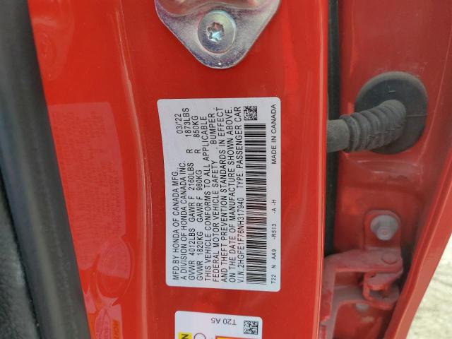 2HGFE1F76NH317940 - 2022 HONDA CIVIC EX RED photo 12