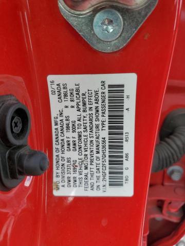 2HGFC2F57GH536564 - 2016 HONDA CIVIC LX RED photo 12