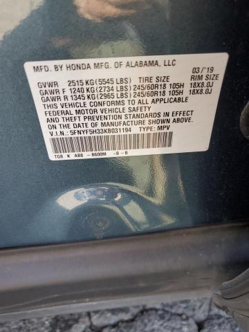 5FNYF5H33KB031194 - 2019 HONDA PILOT EX 蓝色 照片 14