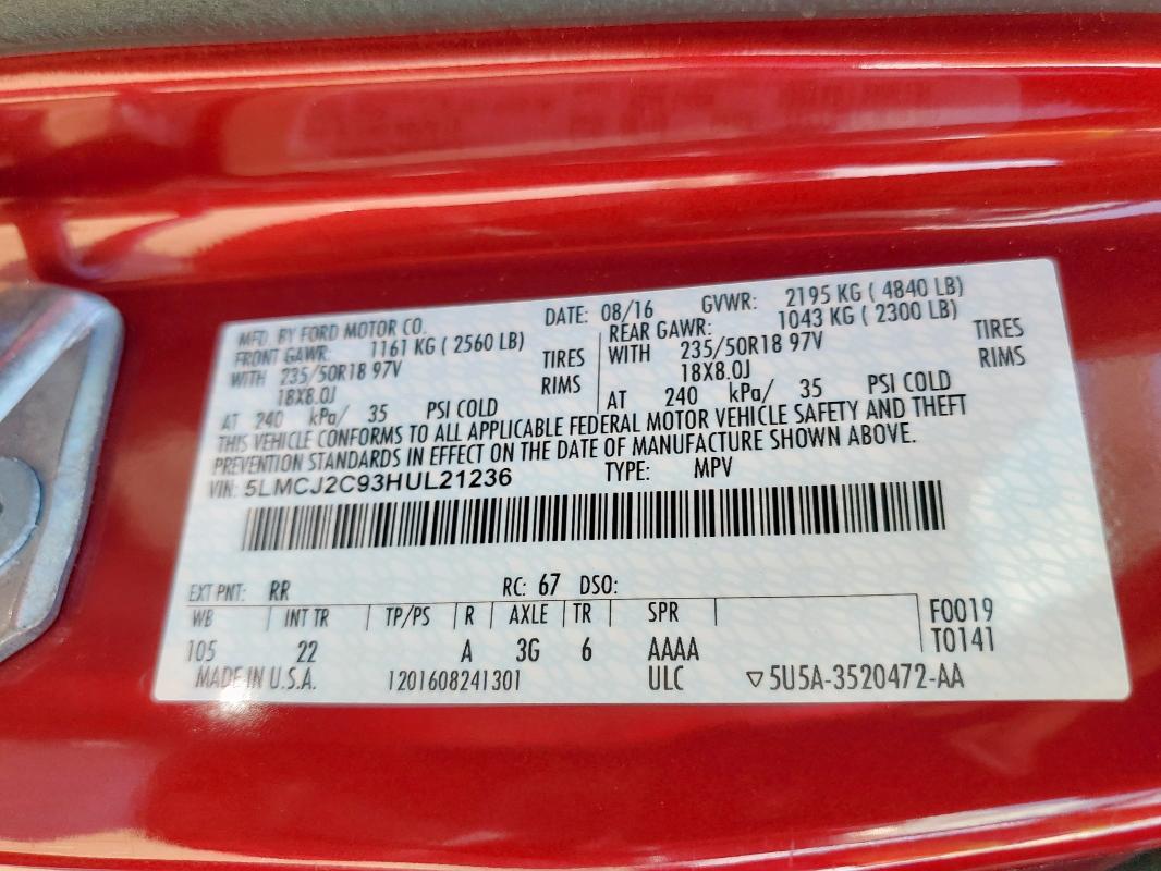 5LMCJ2C93HUL21236 - 2017 LINCOLN MKC SELECT RED photo 13