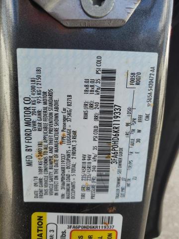 3FA6P0HD6KR119337 - 2019 FORD FUSION SE GRAY photo 12