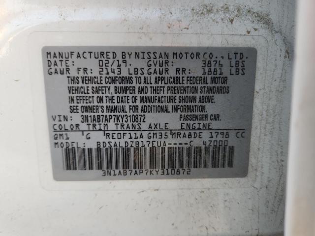 3N1AB7AP7KY310872 - 2019 NISSAN SENTRA S 白色 照片 13