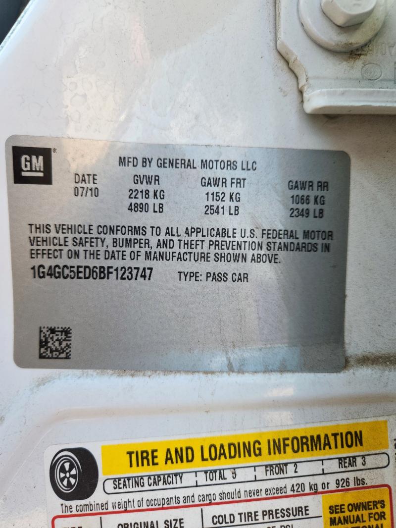 1G4GC5ED6BF123747 - 2011 BUICK LACROSSE CXL Սպիտակ լուսանկար 13