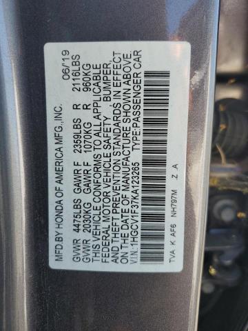 1HGCV1F37KA123265 - 2019 HONDA ACCORD SPORT Gri fotoğraf 12