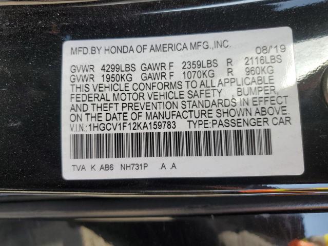 1HGCV1F12KA159783 - 2019 HONDA ACCORD LX BLACK photo 12
