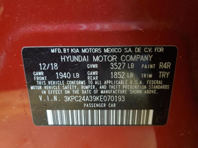 3KPC24A39KE070193 - 2019 HYUNDAI ACCENT SE 红色 照片 12