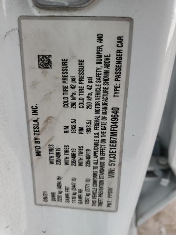 5YJ3E1EB7MF049640 - 2021 TESLA MODEL 3 Ağ foto 12