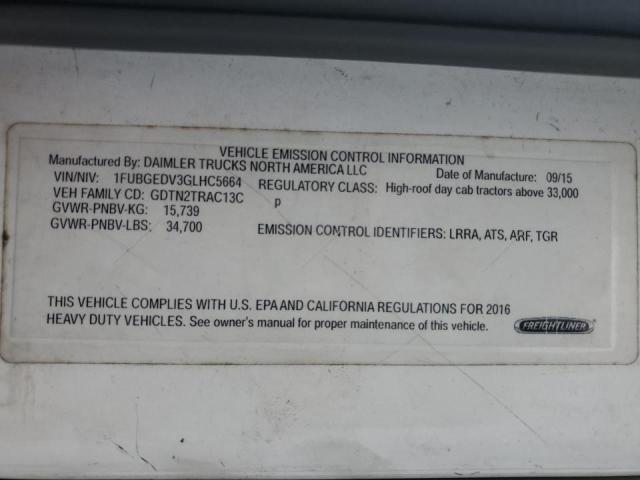 1FUBGEDV3GLHC5664 - 2016 FREIGHTLINER CASCADIA 1 أبيض صورة 10