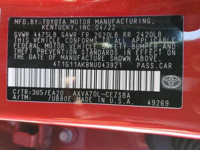 4T1G11AK8NU043921 - 2022 TOYOTA CAMRY SE RED photo 12