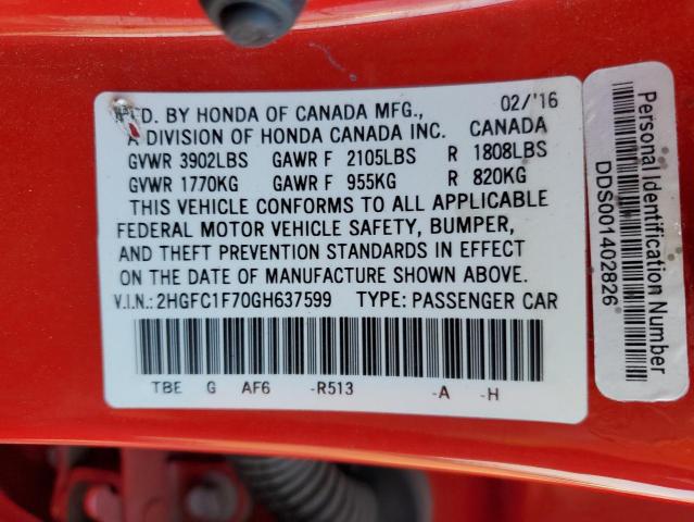 2HGFC1F70GH637599 - 2016 HONDA CIVIC EXL RED photo 12