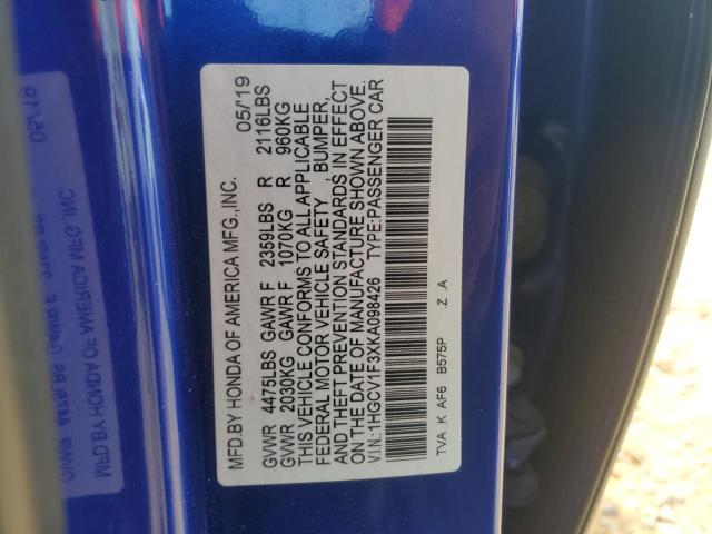 1HGCV1F3XKA098426 - 2019 HONDA ACCORD SPORT أزرق صورة 12