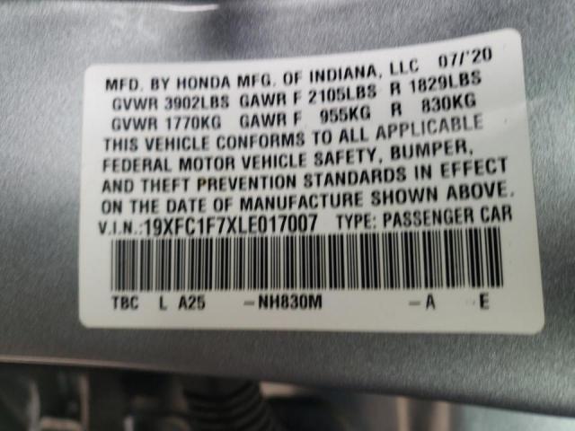 19XFC1F7XLE017007 - 2020 HONDA CIVIC EXL ვერცხლისფერი ფოტო 10
