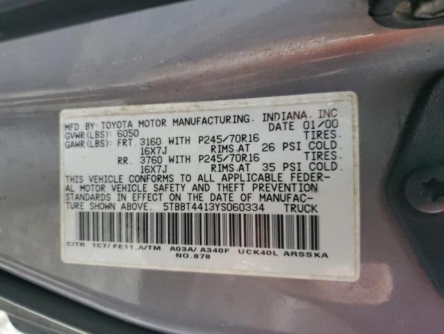 5TBBT4413YS060334 - 2000 TOYOTA TUNDRA ACCESS CAB GRAY photo 12