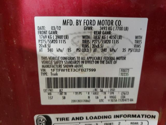 1FTFW1ET3CFB27599 - 2012 FORD F150 SUPERCREW RED photo 12