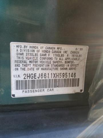 2HGEJ6611XH595146 - 1999 HONDA CIVIC BASE GREEN photo 12