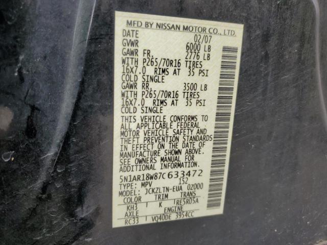 5N1AR18W87C633472 - 2007 NISSAN PATHFINDER LE 黑色 照片 14