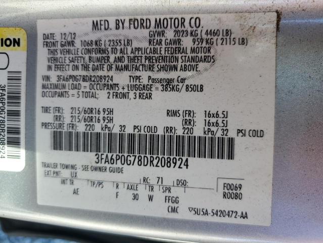 3FA6P0G78DR208924 - 2013 FORD FUSION S SILVER photo 12