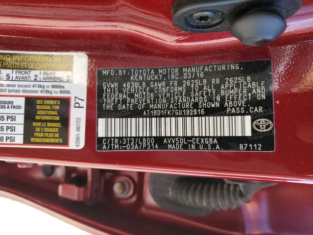 4T1BD1FK7GU192916 - 2016 TOYOTA CAMRY HYBRID RED photo 12