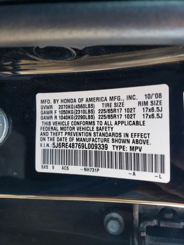 5J6RE48769L009339 - 2009 HONDA CR-V EXL BLACK photo 12