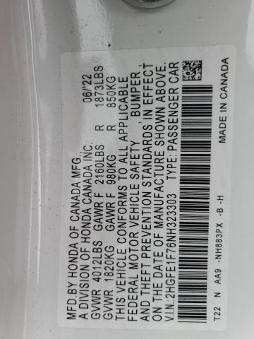 2HGFE1F76NH323303 - 2022 HONDA CIVIC EX WHITE photo 13