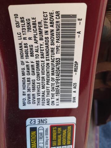 19XFA1F61AE047653 - 2010 HONDA CIVIC LX-S Bordo foto 12