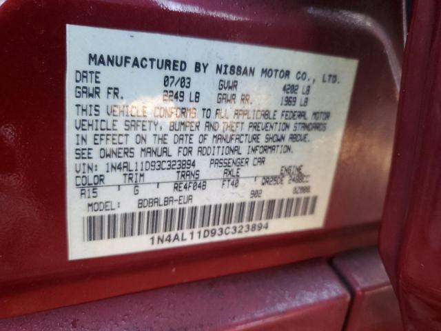 1N4AL11D93C323894 - 2003 NISSAN ALTIMA BASE BURGUNDY photo 12