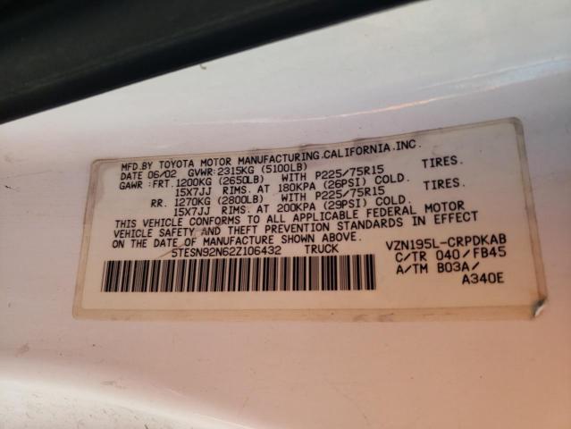 5TESN92N62Z106432 - 2002 TOYOTA TACOMA XTRACAB PRERUNNER თეთრი ფოტო 12