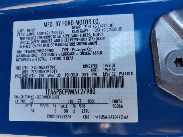 1FA6P8CF9M5127980 - 2021 FORD MUSTANG GT BLUE photo 13