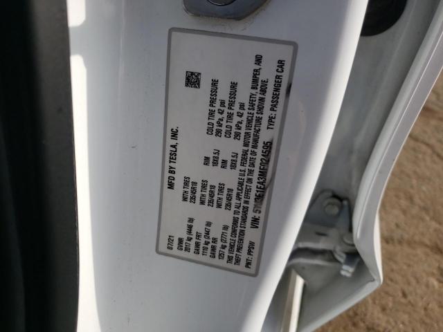 5YJ3E1EA3MF024595 - 2021 TESLA MODEL 3 WHITE photo 12