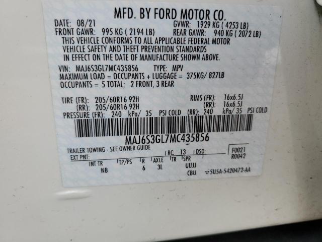 MAJ6S3GL7MC435856 - 2021 FORD ECOSPORT SE WHITE photo 13