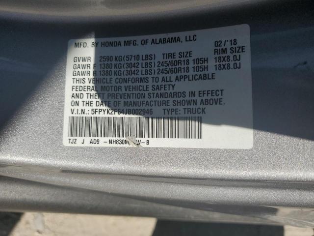 5FPYK2F64JB002946 - 2018 HONDA RIDGELINE RTL Argent photo 12