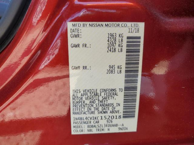 1N4BL4CV1KC152018 - 2019 NISSAN ALTIMA SR BURGUNDY photo 12