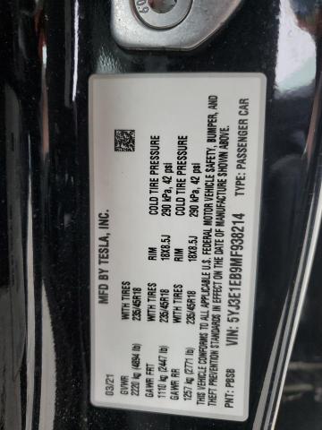5YJ3E1EB9MF938214 - 2021 TESLA MODEL 3 Qara foto 12