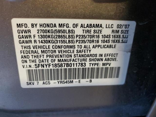 5FNYF18587B011783 - 2007 HONDA PILOT EXL TAN photo 12