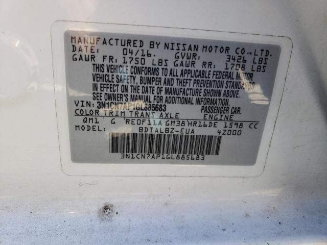 3N1CN7AP1GL885683 - 2016 NISSAN VERSA S WHITE photo 12