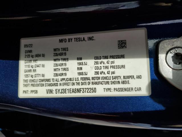 5YJ3E1EA8NF372250 - 2022 TESLA MODEL 3 Mavi foto 13