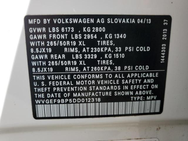 WVGEF9BP5DD012318 - 2013 VOLKSWAGEN TOUAREG V6 白色 照片 13