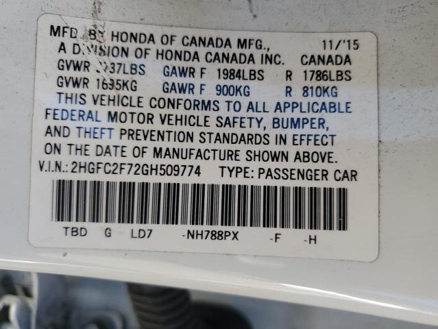 2HGFC2F72GH509774 - 2016 HONDA CIVIC EX WHITE photo 13